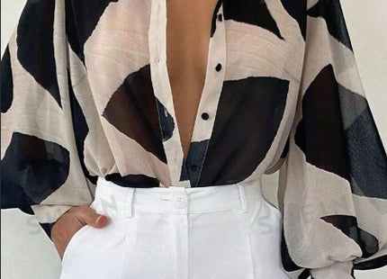 Women's Elegant Loose Geometric Print Lantern Sleeve Blouse, Spring & Summer