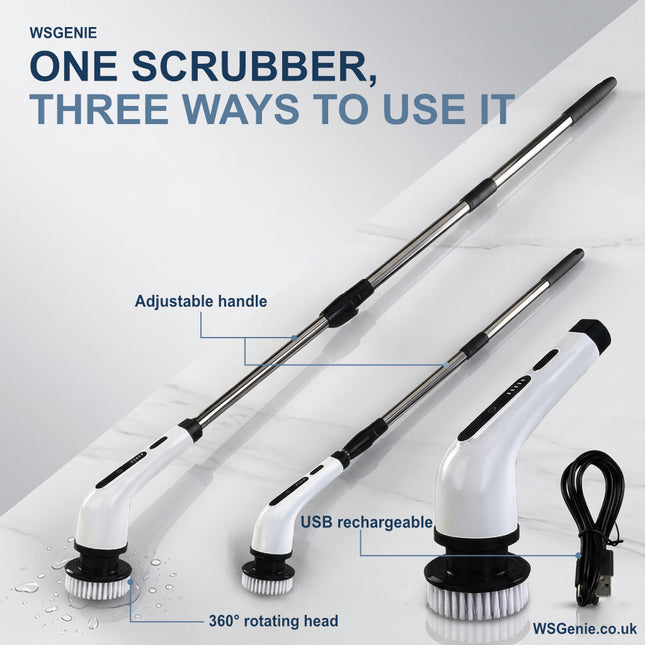 WSGenie scrubber with adjustable handle, USB rechargeable feature, and 360° rotating head on a white background.