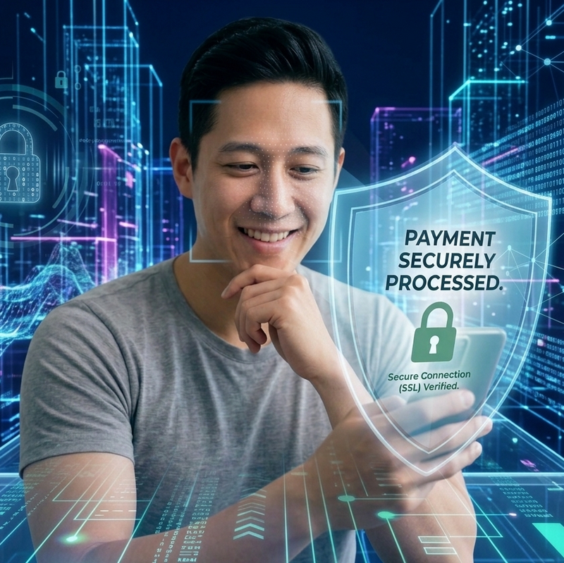 Man holding a phone with digital security graphics and text overlay on a blue-tech background