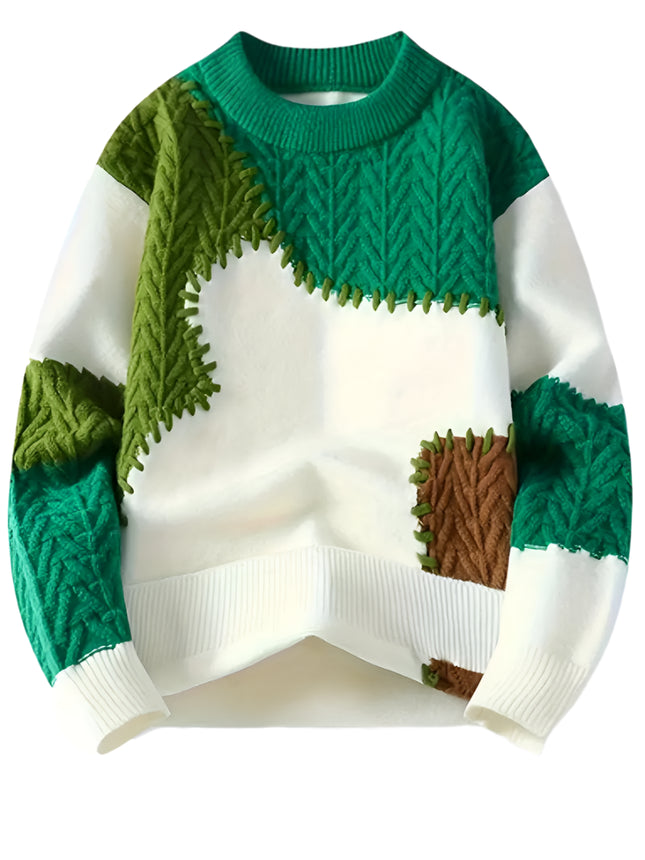 Men's Color-Block Cable Knit Sweater - Soft Warm All-Season Casual Pullover with Contrast Design, Machine Washable Regular Fit Round Neck Long Sleeve, Knitted Sweater, Durable Comfort Wear