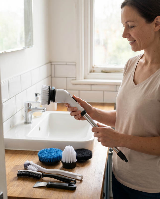 Woman in a bathroom with the WSGenie Complete Clean Kit, spin scrubber and brush heads