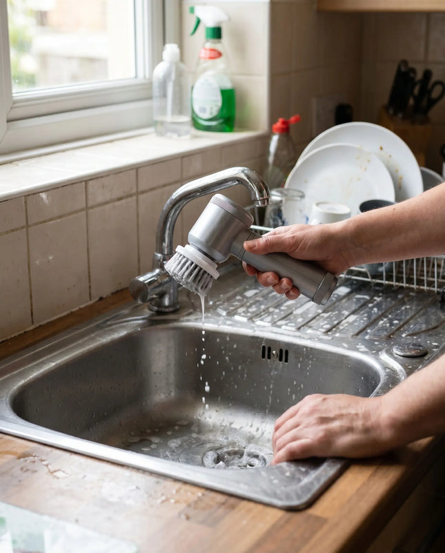 Person scrubbing a kitchen sink with the WSGenie multifunctional electric cleaning brush