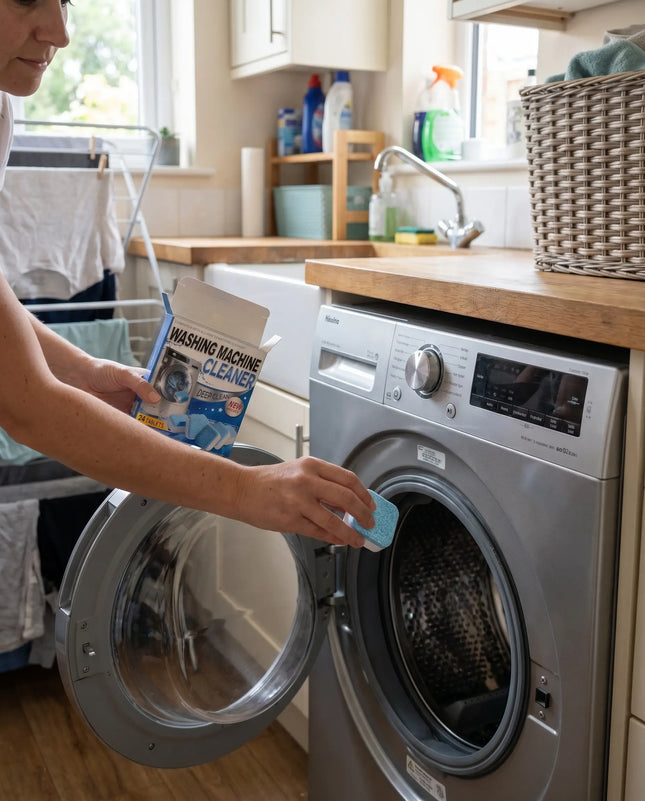 Woman dropping a WSGenie cleaner tablet into a washing machine drum