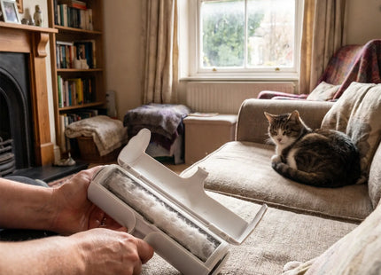 Person removing pet hair from a sofa with the WSGenie pet hair remover brush