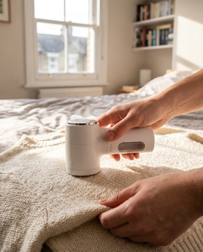 Person removing bobbles from a jumper with the WSGenie electric fabric shaver