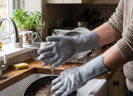 Person washing dishes wearing the WSGenie reusable silicone cleaning gloves