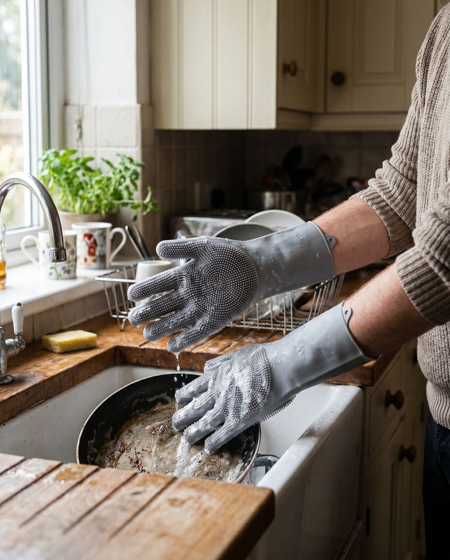 Person washing dishes wearing the WSGenie reusable silicone cleaning gloves