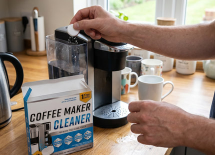Person dropping a WSGenie descaling tablet into a coffee machine