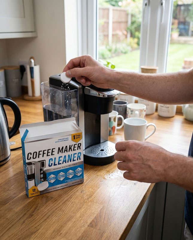 Person dropping a WSGenie descaling tablet into a coffee machine
