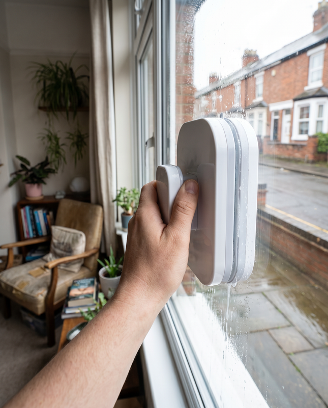 Person cleaning a window with the WSGenie double-sided magnetic window cleaner