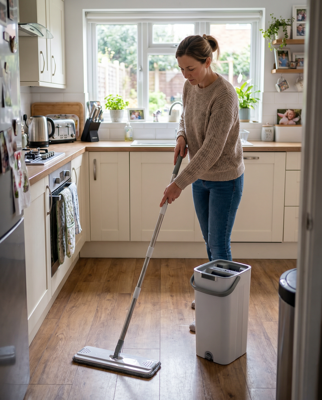 Woman mopping a floor with the WSGenie flat mop and bucket set