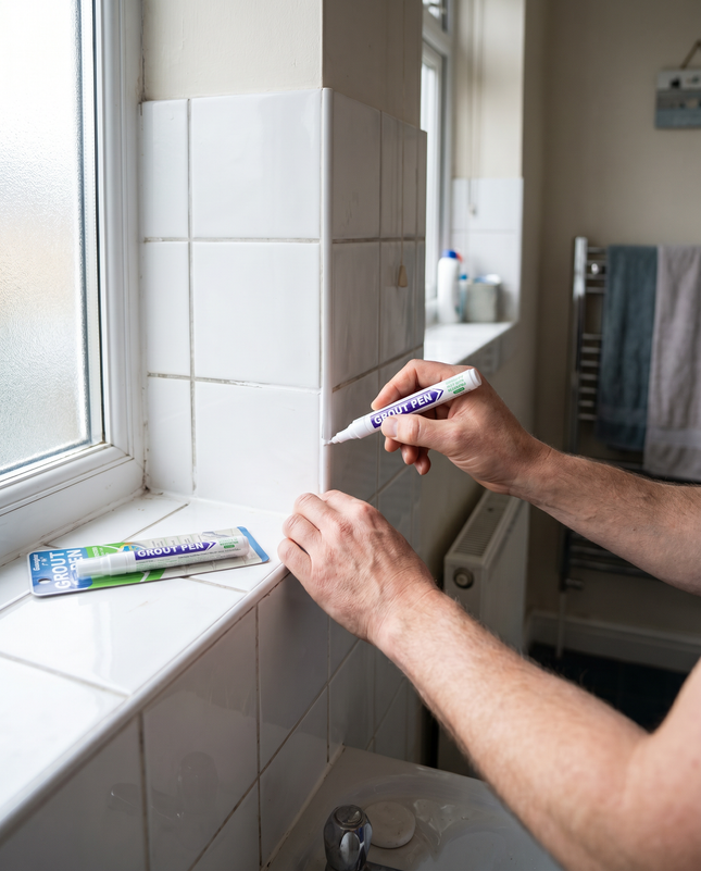 Person whitening tile grout with the WSGenie tile grout marker pen