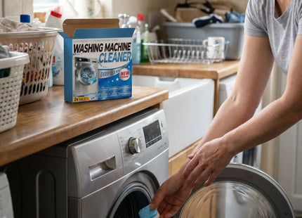 Woman dropping a WSGenie cleaner tablet into a washing machine drum