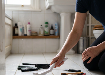 Woman scrubbing tile grout with the WSGenie grout cleaning brush set