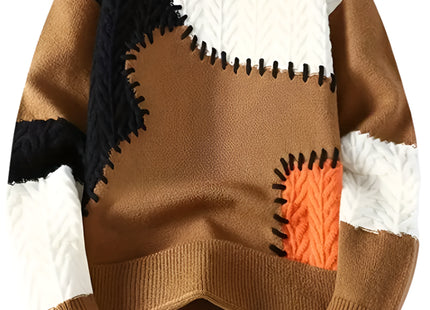 Men's Color-Block Cable Knit Sweater - Soft Warm All-Season Casual Pullover with Contrast Design, Machine Washable Regular Fit Round Neck Long Sleeve, Knitted Sweater, Durable Comfort Wear