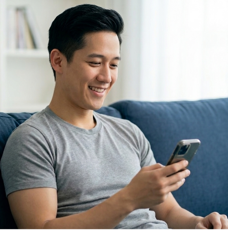 Man sitting on a blue couch using a smartphone in a bright room.
