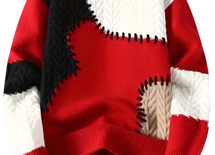 Men's Color-Block Cable Knit Sweater - Soft Warm All-Season Casual Pullover with Contrast Design, Machine Washable Regular Fit Round Neck Long Sleeve, Knitted Sweater, Durable Comfort Wear