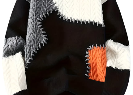 Men's Color-Block Cable Knit Sweater - Soft Warm All-Season Casual Pullover with Contrast Design, Machine Washable Regular Fit Round Neck Long Sleeve, Knitted Sweater, Durable Comfort Wear