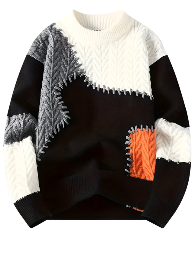 Men's Color-Block Cable Knit Sweater - Soft Warm All-Season Casual Pullover with Contrast Design, Machine Washable Regular Fit Round Neck Long Sleeve, Knitted Sweater, Durable Comfort Wear